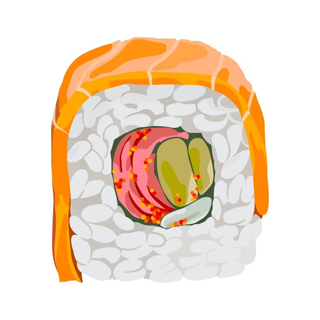 Vector rollo de sushi con salmón y pepino ilustración de vector de icono de comida dibujada a mano