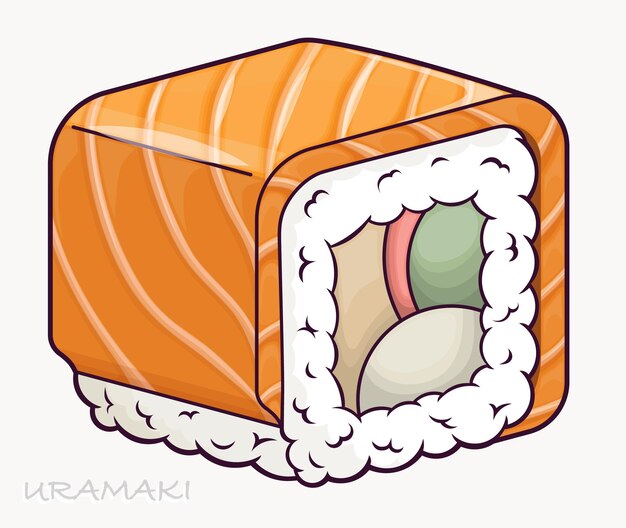 Un rollo de sushi uramaki japonés al estilo de los dibujos animados envuelto en arroz y cubierto de salmón.