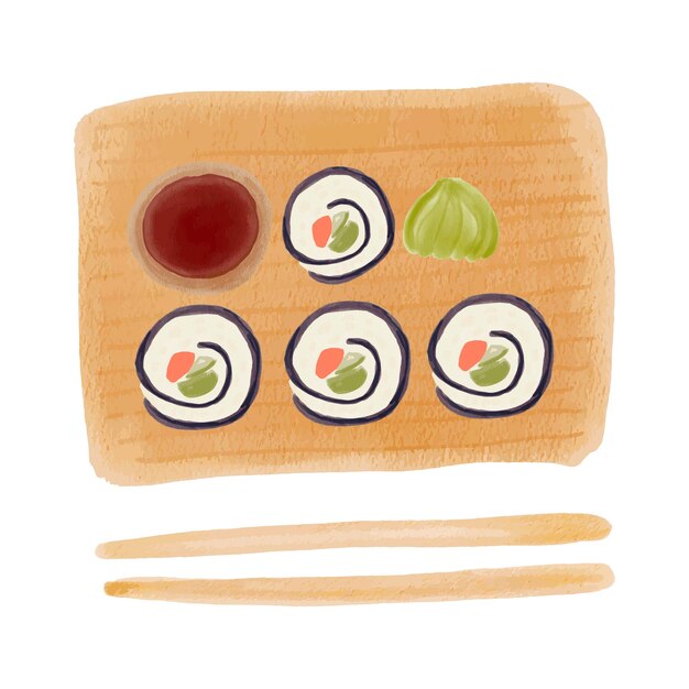 Rollos de acuarela de sushi de acuarela con chuka de camarones de salmón Comida asiática japonesa Sublimación elemento de diseño aislado Ilustración dibujada a mano para el menú del restaurante
