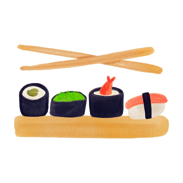 Rollos de acuarela de sushi de acuarela con chuka de camarones de salmón comida asiática japonesa sublimación elemento de diseño aislado ilustración dibujada a mano para el menú del restaurante