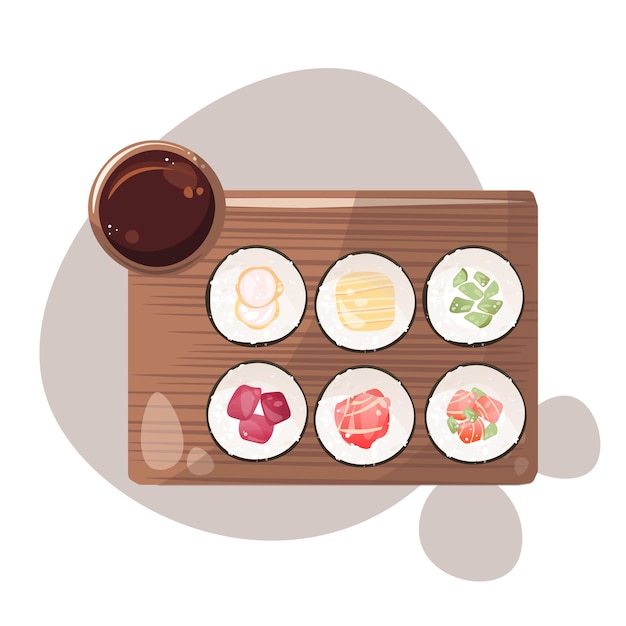 Rollos maki. Comida asiática. Comida tradicional japonesa. Maki de sushi con salsa de soja en un plato