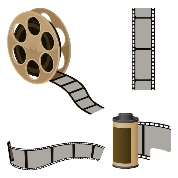 Rollos de película de elementos para la realización de películas. Iconos de la industria cinematográfica para producir películas.