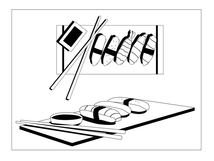 Vector rollos de sushi, arte lineal en blanco y negro, estilo manga
