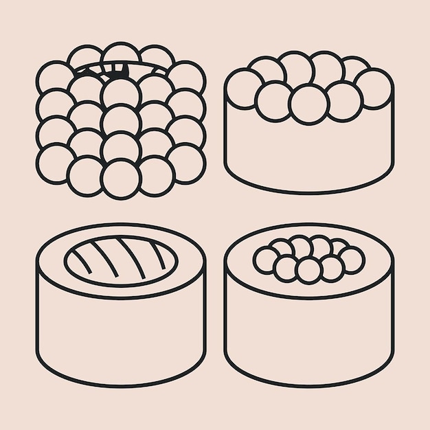 Rollos de sushi con caviar rojo y salmón con sésamo, contorno vectorial