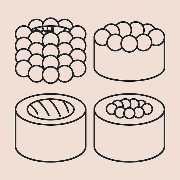 Vector rollos de sushi con caviar rojo y salmón con sésamo, contorno vectorial