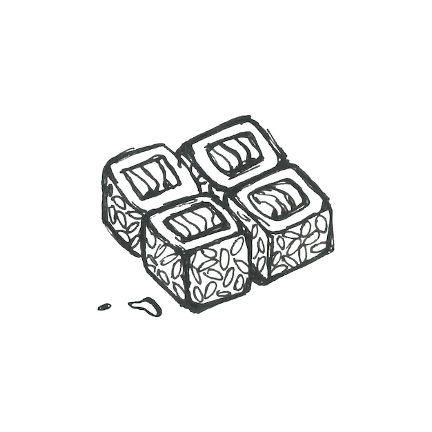 Rollos de sushi doodle ilustración. vector de comida asiática.