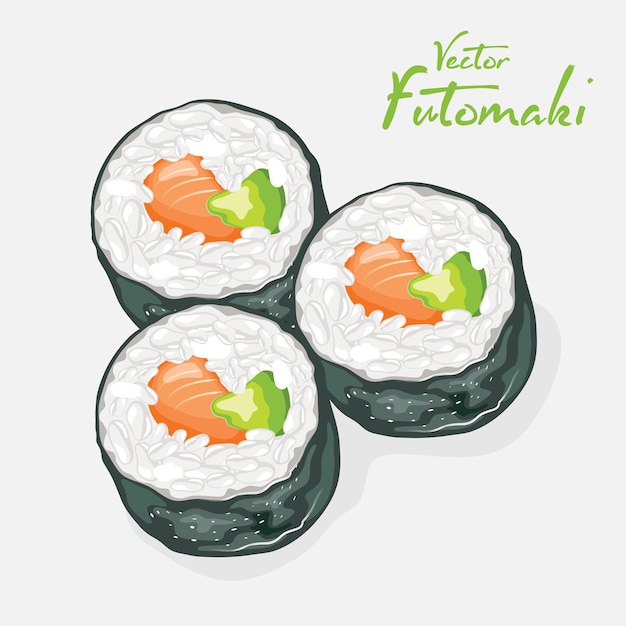 Rollos de sushi Futomaki con arroz vinagre, salmón ahumado, aguacate, pepino envuelto