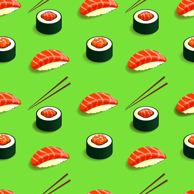 Rollos y sushi de patrón isométrico