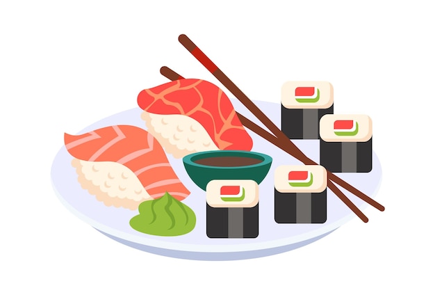 Rollos de sushi en un plato ilustración vectorial