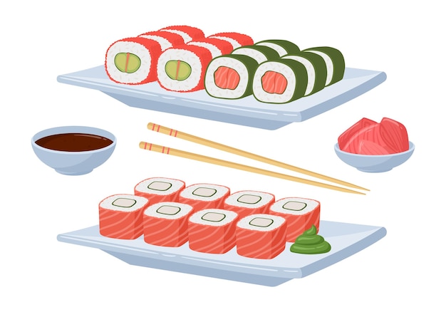 Rollos de sushi Plato tradicional asiático de mariscos Rollo de sushi con anguila de salmón y atún Plato de cocina tradicional asiática Plato de ilustración vectorial