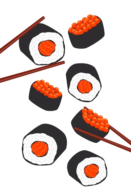 Rollos de sushi con salmón y caviar. Ilustración vectorial para el diseño de comida asiática