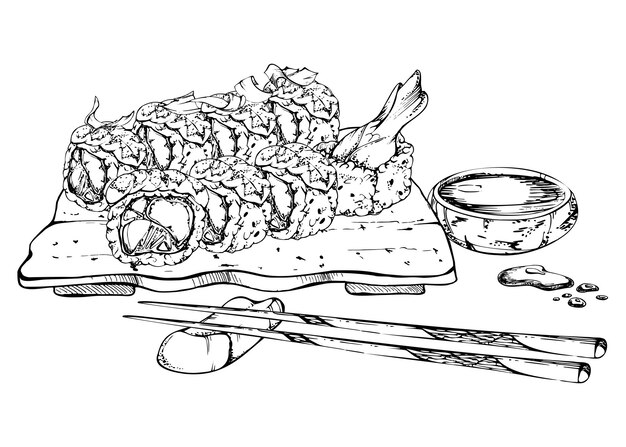 Rolo de sushi de comida japonesa en un plato de cerámica con un cuenco de salsa de soja, palillos, pescado crudo, camarón