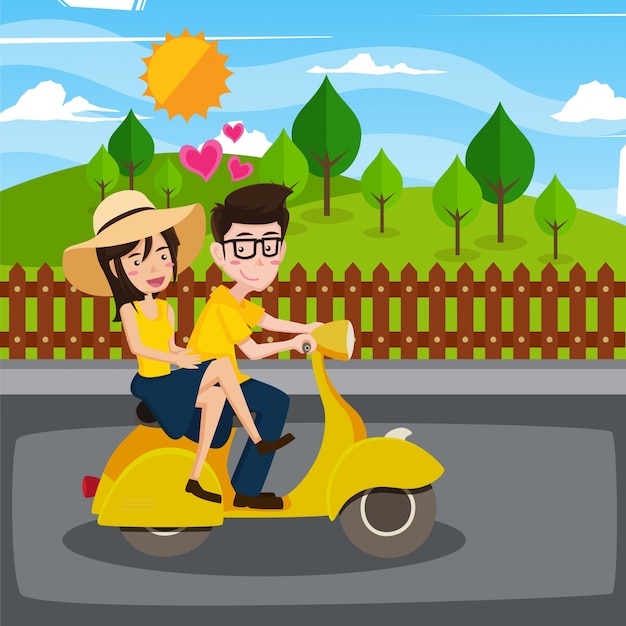 Romántica linda pareja de san valentín equitación scooter personaje ilustración