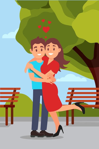 Romántica pareja abrazándose en el parque, mujer levantando la pierna. Bancos de madera, árbol verde y cielo azul. Diseño plano