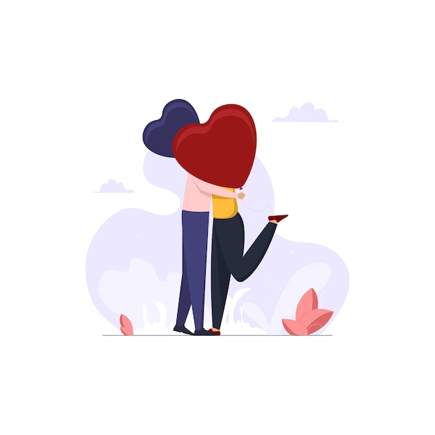 Vector romántica pareja joven en una relación de amor besándose detrás de un globo en forma de corazón el día de san valentín