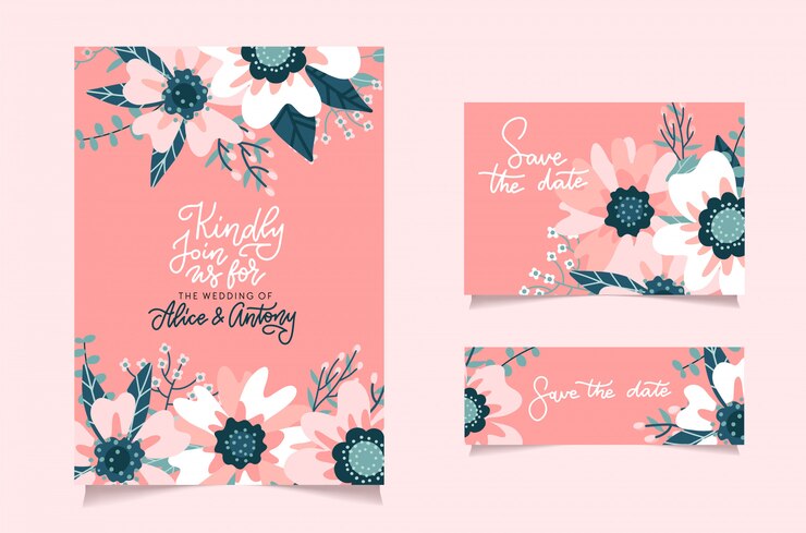 Vector romántica rosa abstracta flor ramo novia boda plantilla de invitación. conjunto de tarjetas con fondo floral floreciente. postal de felicitación con letras. tarjeta del día de san valentín. diseño plano.