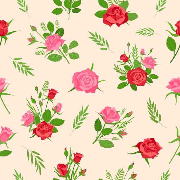 Romántica rosa de patrones sin fisuras con capullos de flores y hierbas Estampado de dibujos animados con rosas rojas y rosadas Papel tapiz vectorial de decoración floral shabby chic