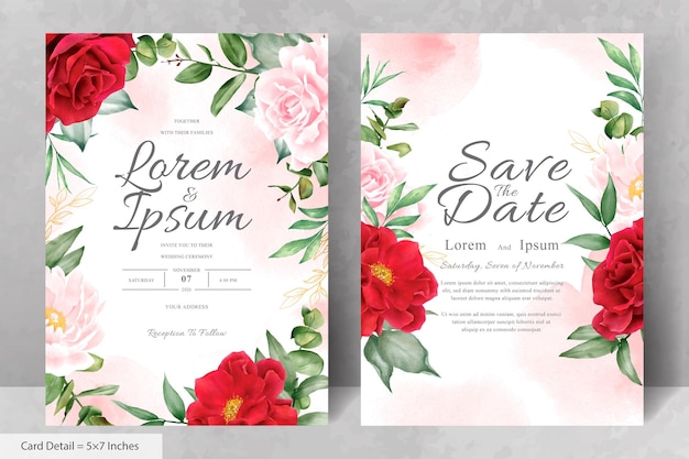 Romántica tarjeta de invitación de boda de acuarela con granate floral y hojas