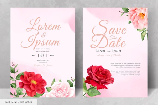 Romántica tarjeta de invitación de boda de acuarela con granate floral y hojas