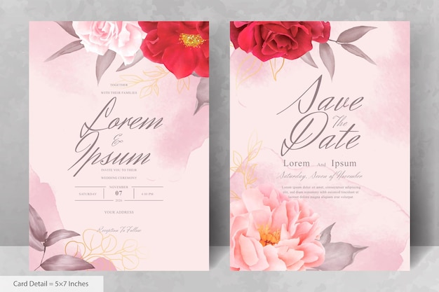 Romántica tarjeta de invitación de boda de acuarela con granate floral y hojas