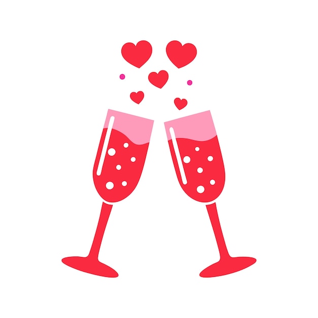 Románticas copas de champán vectoriales elegantes copas de brindis con corazones para bodas y aniversarios