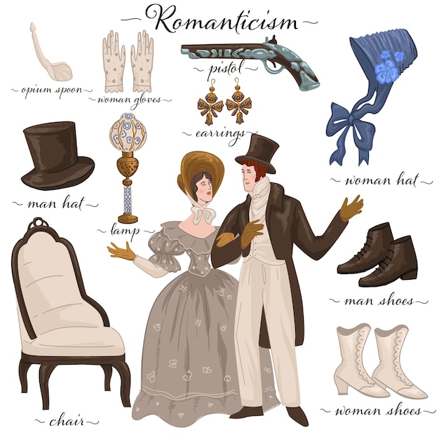 Vector romanticismo pareja de la época y muebles tradicionales