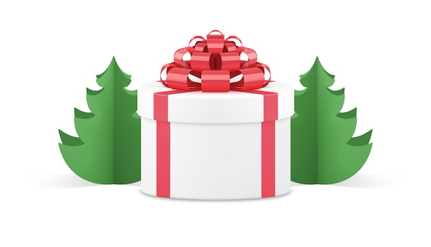 Romántico círculo blanco caja de regalo lazo rojo cinta y papel verde delgado árbol de navidad 3d icono vector