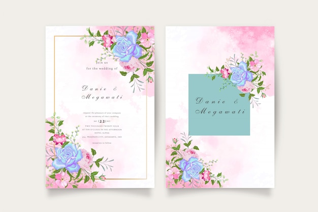 Romántico conjunto de invitación de boda tosca azul floral