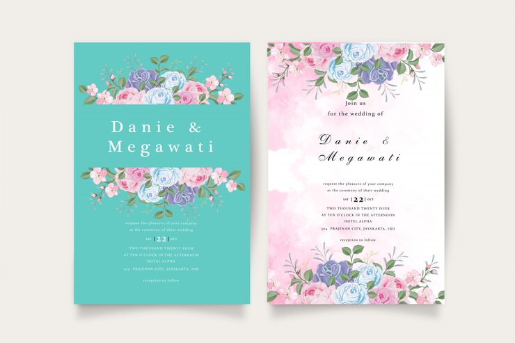 Romántico conjunto de invitación de boda tosca azul floral