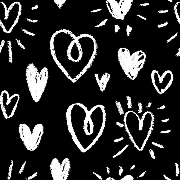 Romántico corazón de tiza negra y blanca con patrón sin costuras