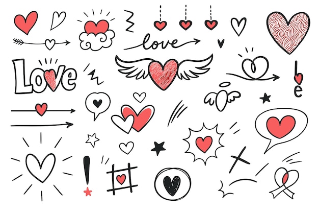 Romántico Doodle Clipart Set dibujado a mano Amor amp Corazón dibujos para diseños de San Valentín