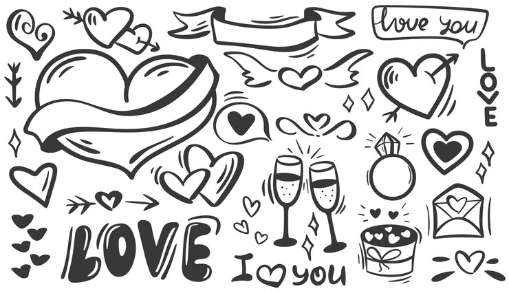 Romántico doodle set de tinta ilustraciones dibujadas a mano clip art para el día de San Valentín contorno amor grunge