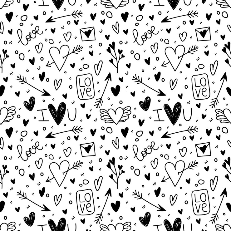 Vector romántico estilo doodle de patrones sin fisuras con flechas de letras de corazones y palabras escritas a mano amor