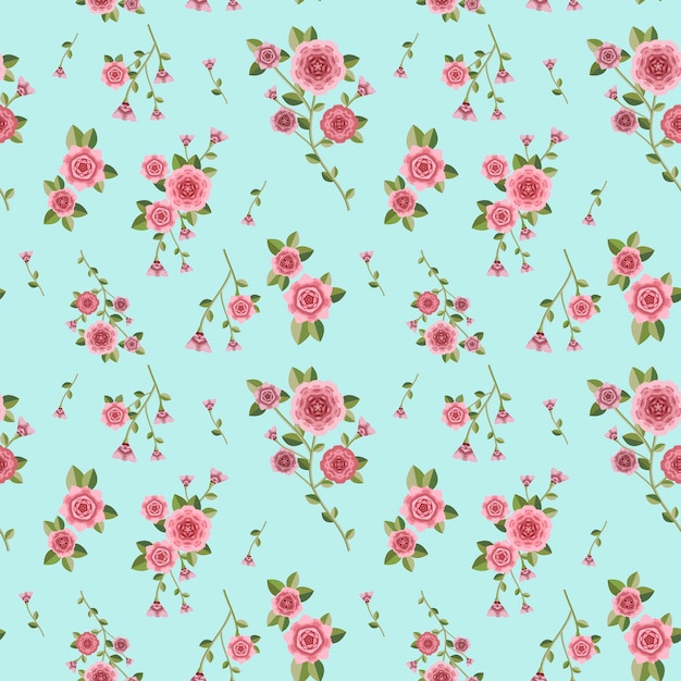 Romántico patrón floral sin fisuras sobre fondo azul.