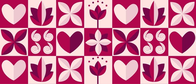 Vector romántico vector abstracto geométrico fondo de mosaico con corazones flores en retró escandinavo