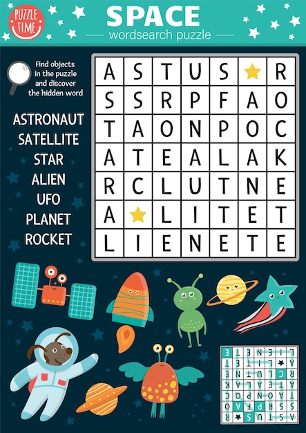 Vector rompecabezas de búsqueda de palabras en el espacio vectorial para niños crucigrama de astronomía simple para niños actividad con ovni astronauta estrella planeta cohete alienígena satélite sistema solar cruz wordxa