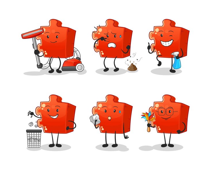 Vector rompecabezas, cartero, conjunto, carácter, caricatura, mascota, vector