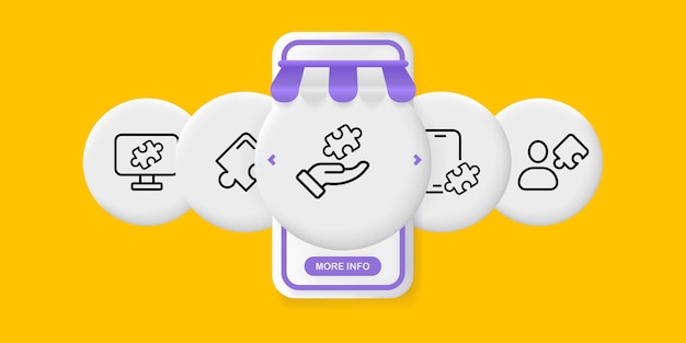 Rompecabezas establecer icono Resolver problemas tarea computadora mano teléfono persona trabajo empleado Concepto de negocio UI teléfono aplicación pantalla Vector línea icono para Negocios y Publicidad