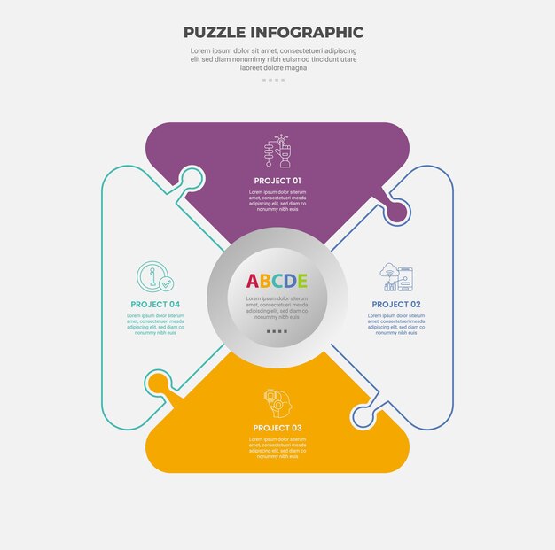 rompecabezas estilo de contorno infográfico con plantilla de 4 puntos con ciclo de triángulo redondo circular con círculo en el centro para la presentación de diapositivas