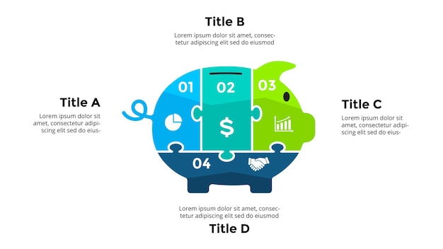 Vector rompecabezas hucha infografía ahorrar dinero estrategia empresarial inversiones financieras logotipo