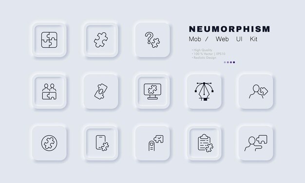 Rompecabezas para el icono de conjunto de ideas Ocupación creativa resolver problemas rompecabezas acertijo signo de interrogación realizar tareas Concepto de pensamiento Neomorfismo Icono de línea vectorial para Negocios y Publicidad