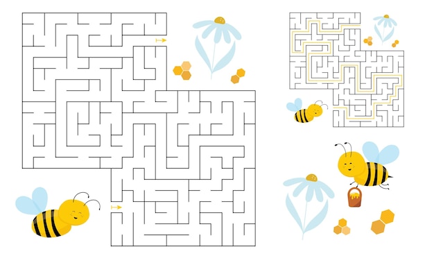 El rompecabezas del laberinto para niños ayuda a la abeja a llegar a la flor