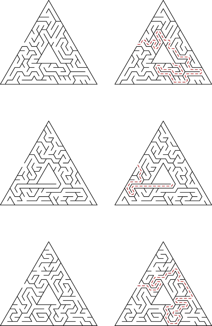 Vector rompecabezas de laberinto triangular con soluciones