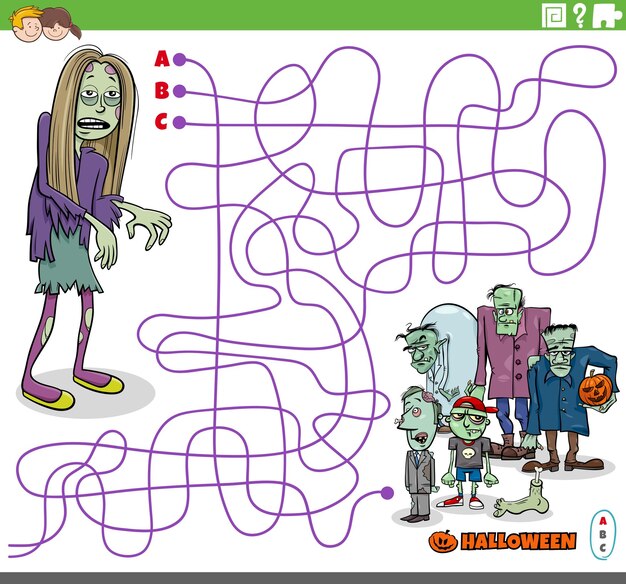 Rompecabezas de laberinto con zombis de dibujos animados en la época de Halloween