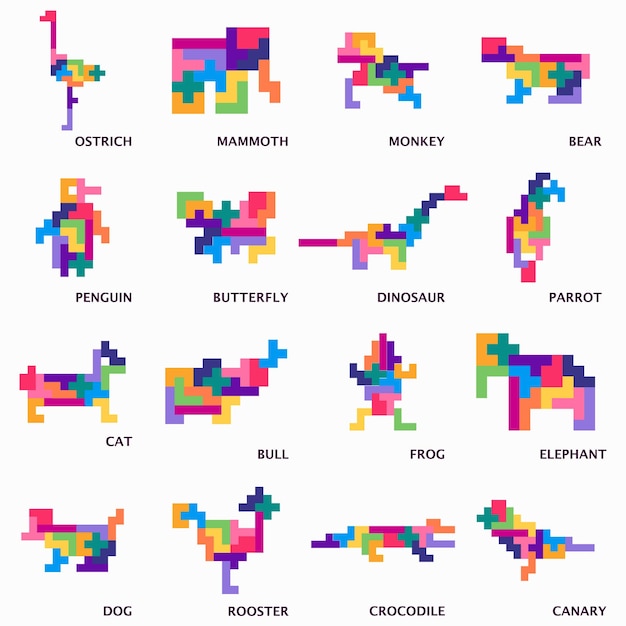 Vector rompecabezas. ladrillos de tetris para niños. esquemas con diferentes animales y pájaros.