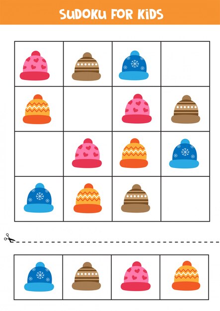 Rompecabezas lógico para niños. Sudoku con gorros de invierno.