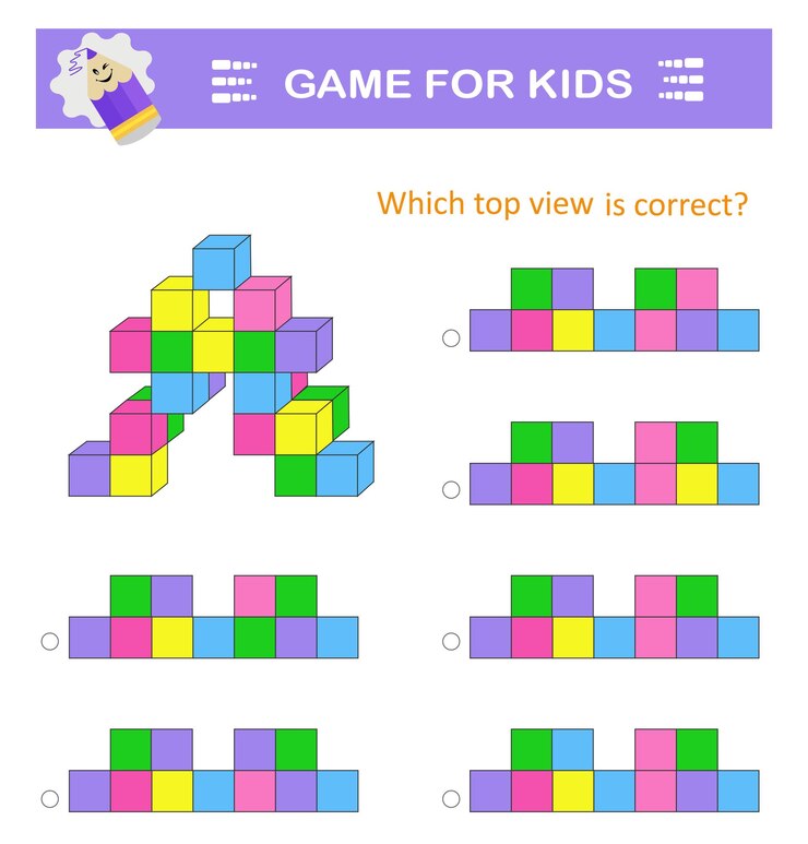Vector rompecabezas lógicos para niños ¿cuál es la vista superior correcta? prueba de entrenamiento de ci hoja de trabajo imprimible