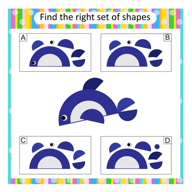 Rompecabezas lógicos para niños Encuentra el conjunto correcto de peces de dibujos animados La respuesta es B
