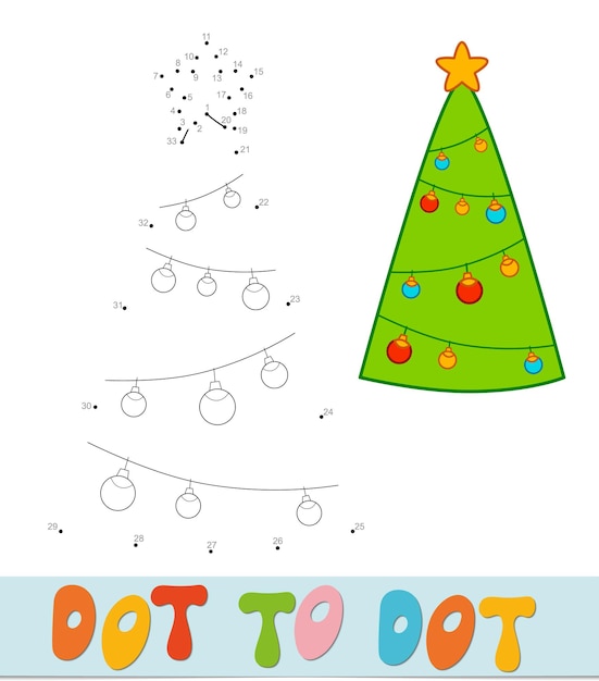 Rompecabezas de Navidad de punto a punto. Conecte el juego de puntos. Ilustración de vector de árbol de Navidad