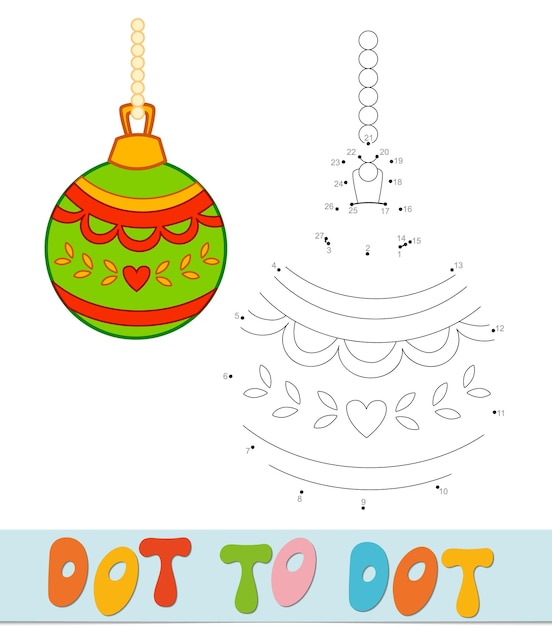 Rompecabezas de navidad de punto a punto. conecte el juego de puntos. ilustración de vector de bola de navidad